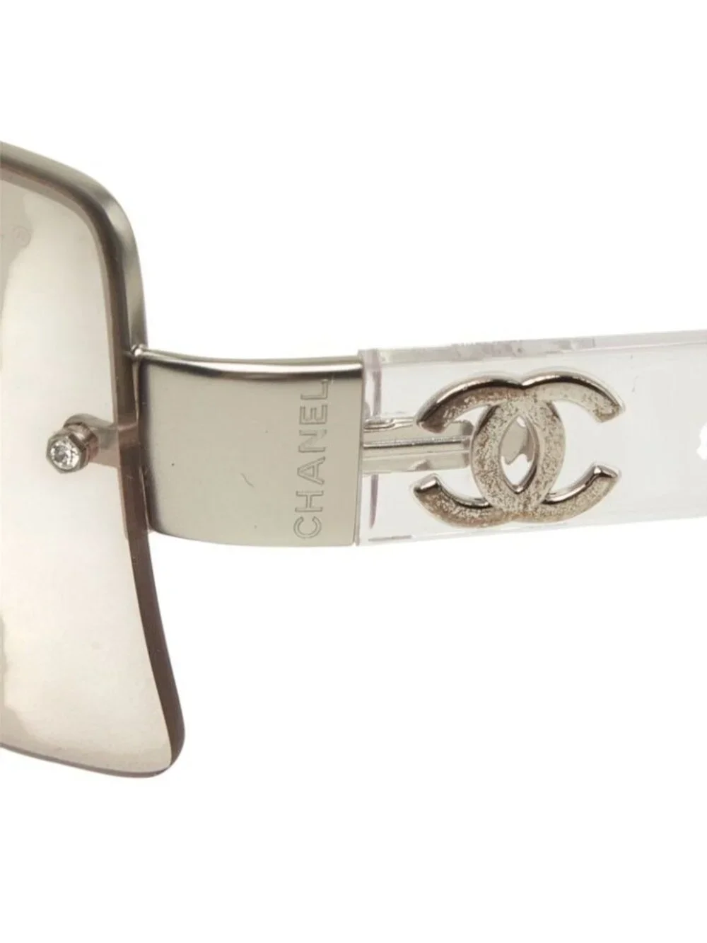 Chanel CC Logo Rimless Sunglasses Eyewear Brown Clear Silver Acetate Metal